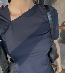 Sculpted Neckline Slim Fit Top Ribbed Knit - Midnight Navy