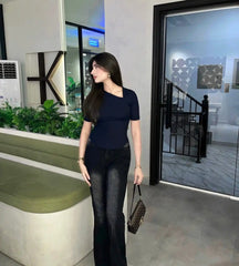 Sculpted Neckline Slim Fit Top Ribbed Knit - Midnight Navy