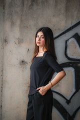 Contour Neckline Slim Fit Top Ribbed Knit - Onyx Black