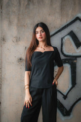 Contour Neckline Slim Fit Top Ribbed Knit - Onyx Black
