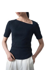 Sculpted Neckline Slim Fit Top Ribbed Knit - Midnight Navy